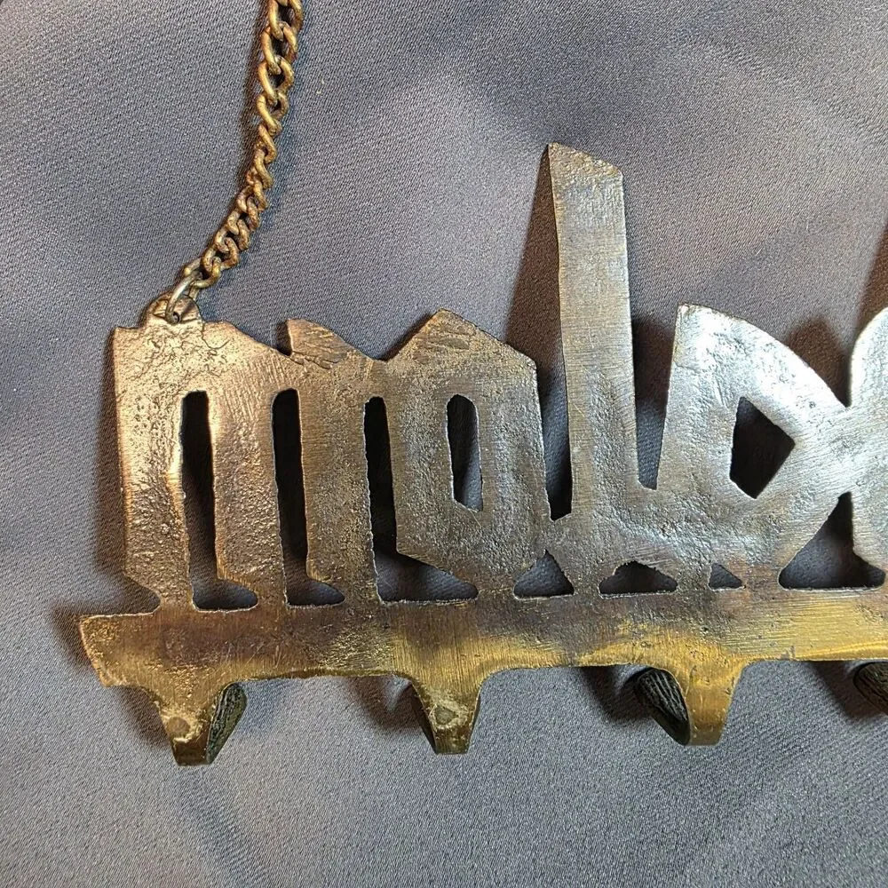 Vintage Brass SHALOM Jewish Jerusalem 5 Hook Key Holder Hanger Wall Hanging